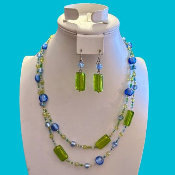 Handcrafted Jewelry - Gorgeous Handcrafted Blue & Green Artisan Glass Beaded Set